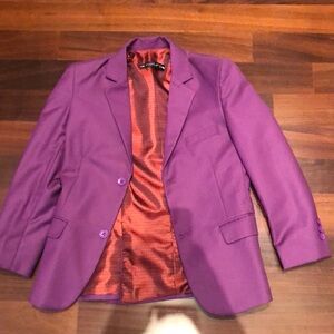 Yuan Lu boys suit set. Includes jacket, shorts, and shirt, all purple